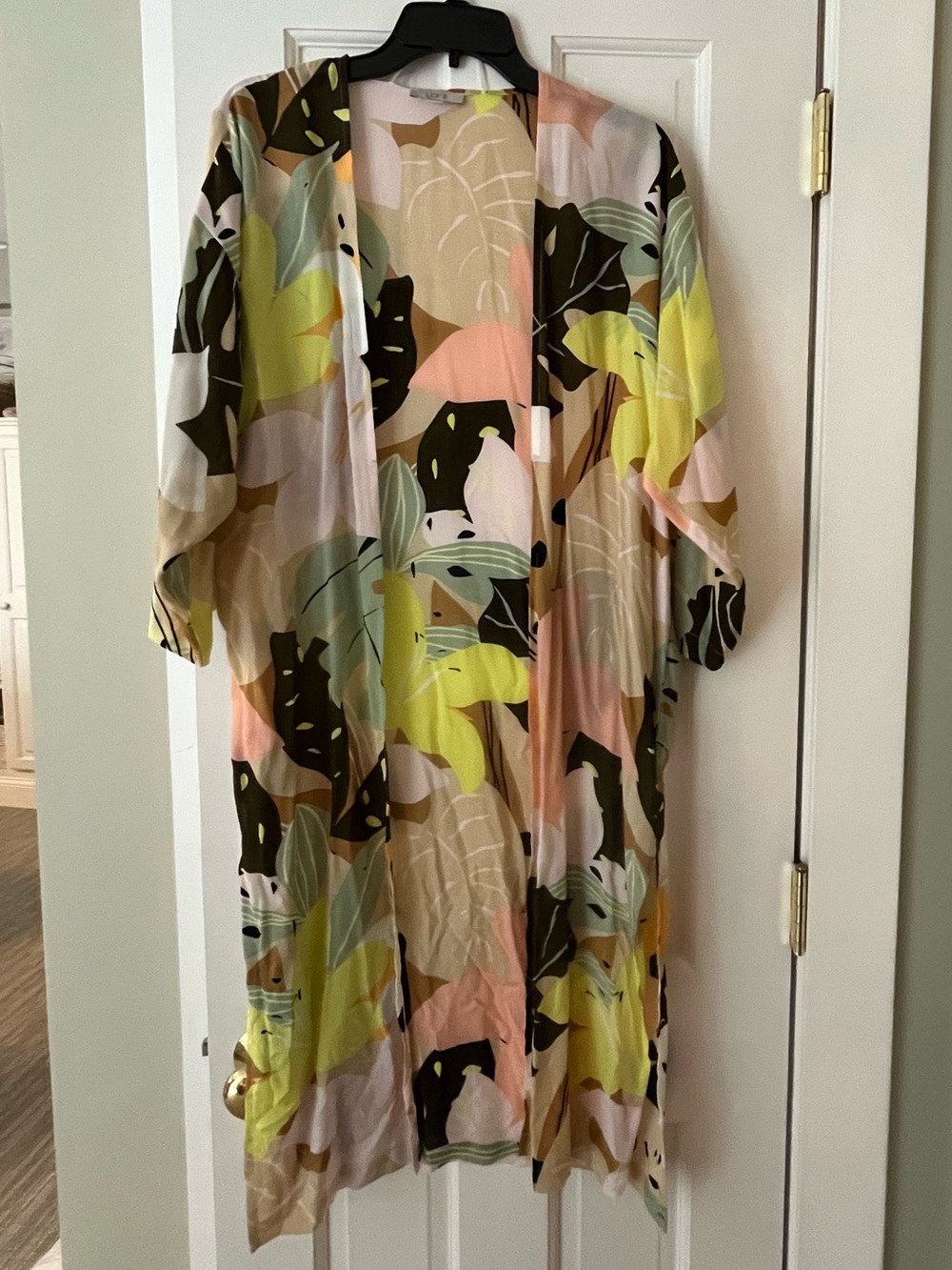 LOFT Tropical Leaf Open-Front Cardigan in Pastel Green, Yellow & Pink